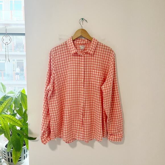 J. Crew Burnt Orange & White Gingham Print Long Sleeve Button Up Size 2X - Picture 1 of 7